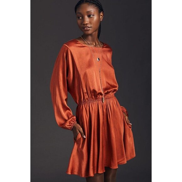 NWT Anthropologie Caballero Long-Sleeve Dress M $180 Orange Black Blouson - Picture 2 of 10